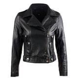 Black Slim-Fit Motorcycle Genuine Sheepskin  Leather Jacket for Women