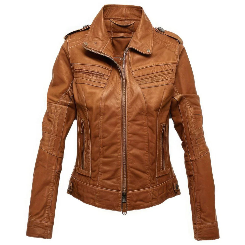 Brown Moto Racer Genuine Sheepskin Biker Leather Jacket for Women