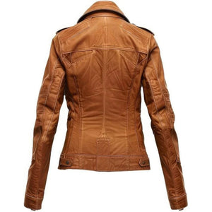 Brown Moto Racer Genuine Sheepskin Biker Leather Jacket for Women
