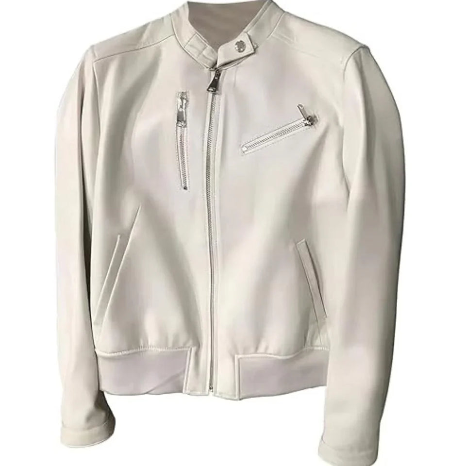 Chic White Bomber-Style Genuine Sheepskin Leather Jacket for Women’s