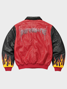 Close-up of Billy Bones Club embroidered gothic lettering on crimson leather jacket chest