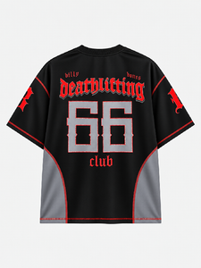 Back of black Billy Bones Club Deathlifting jersey with red blackletter text and large gray 66