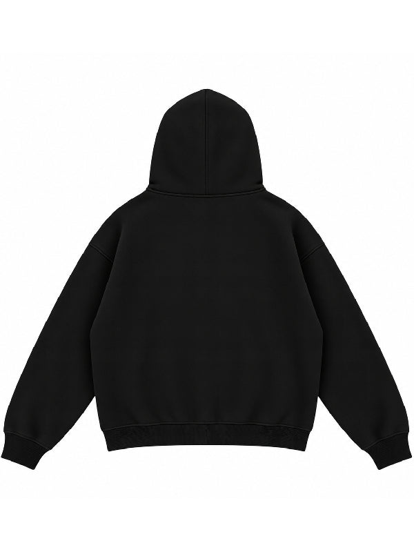 Plain black oversized hoodie with dropped shoulders, a pullover hood, and ribbed cuffs and hem