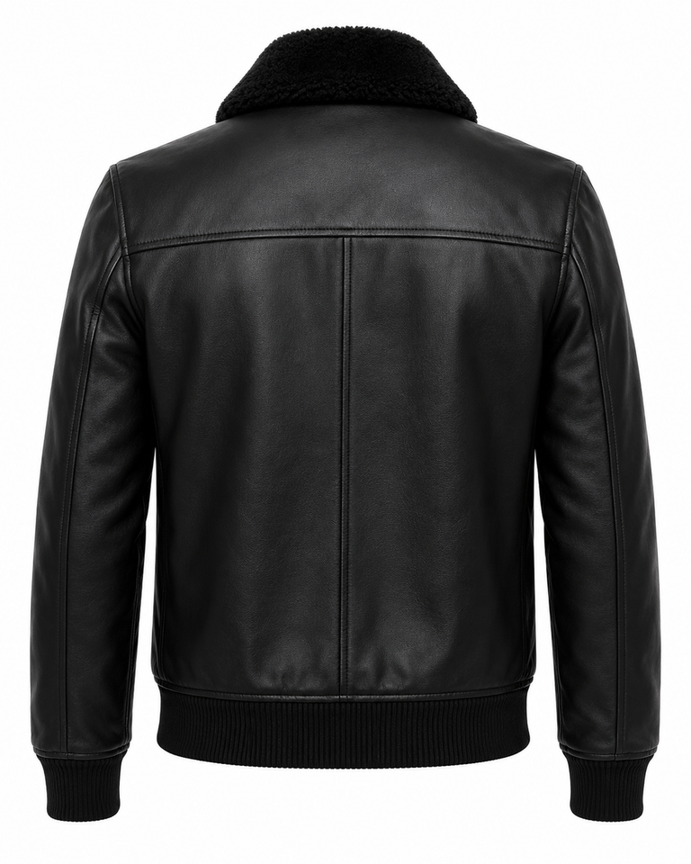 Classic black leather flight jacket with rib-knit collar