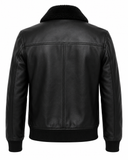 Classic black leather flight jacket with rib-knit collar