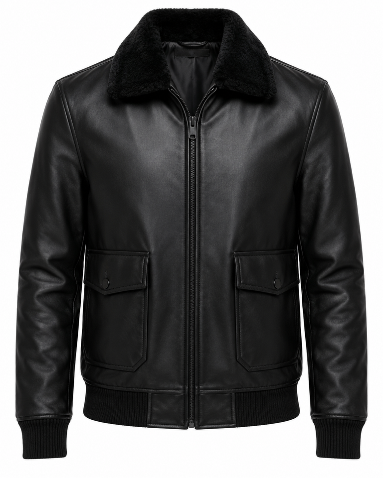 Men Casual Black Leather Flight Jacket front view