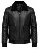 Men Casual Black Leather Flight Jacket front view