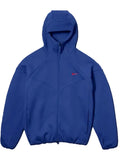 Blue hooded jacket with front zipper closure