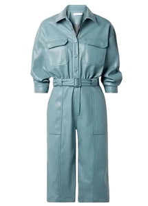 Women’s blue leather jumpsuit front view