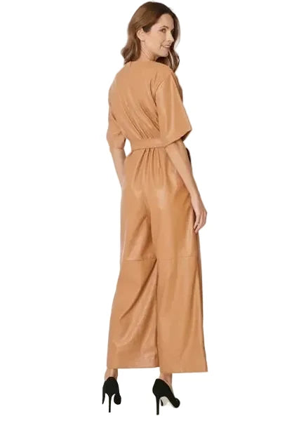 Front view of women’s brown leather jumpsuit