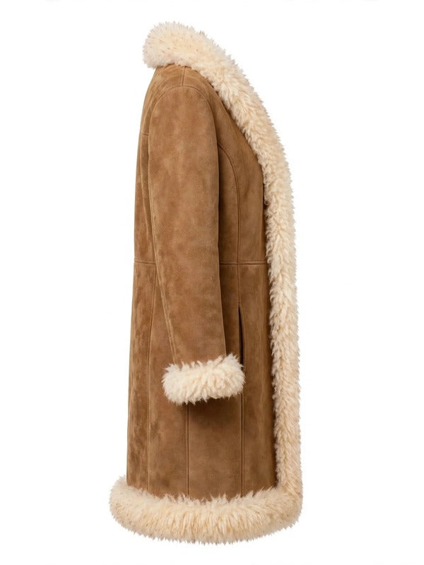Brown suede leather coat with cream fur collar