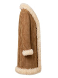 Brown suede leather coat with cream fur collar
