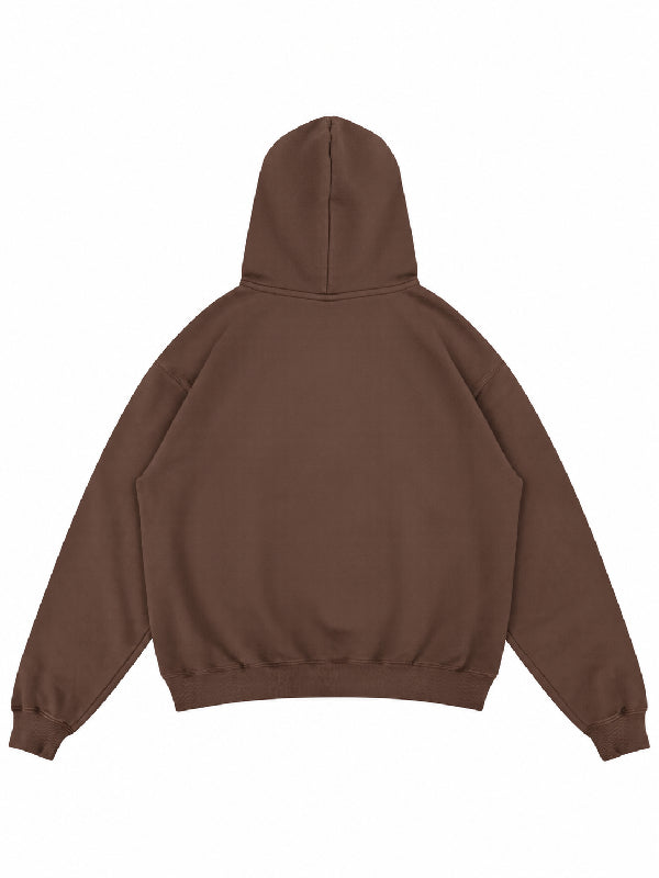 Plain brown oversized hoodie with dropped shoulders, a pullover hood, and ribbed cuffs and hem