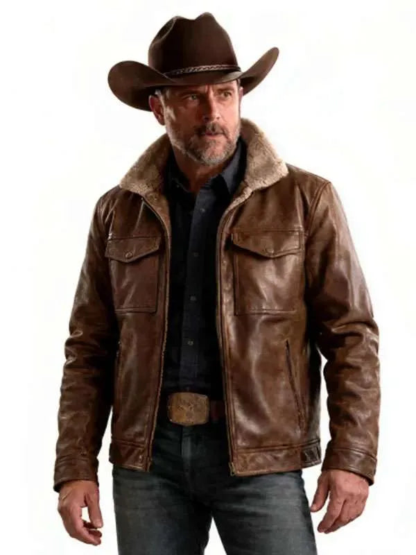 Brown shearling jacket with six pockets and full-length sleeves