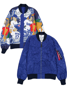 Royal blue Dodgers Reversible bomber jacket with front zipper and Alpha Industries New Era sleeve flight tag