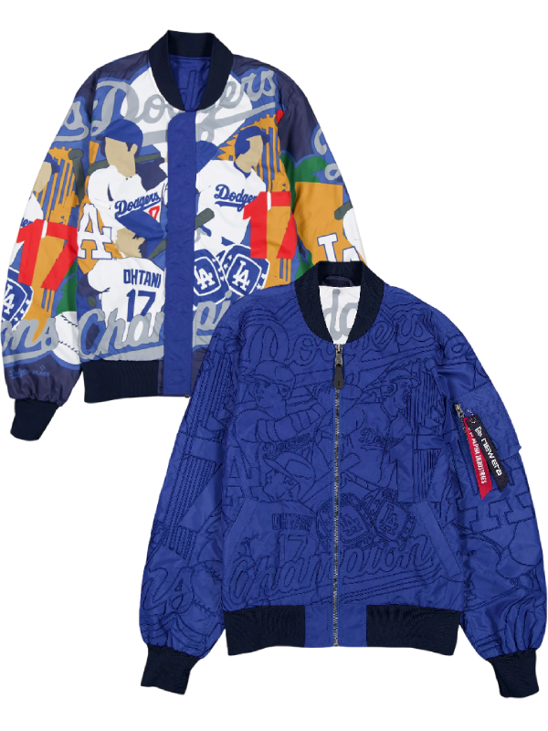 Royal blue Dodgers Reversible bomber jacket with front zipper and Alpha Industries New Era sleeve flight tag