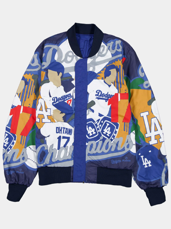 Dodgers Champions all-over print reversible bomber jacket with Ohtani number 17 graphics and navy rib-knit trim