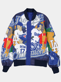 Dodgers Champions all-over print reversible bomber jacket with Ohtani number 17 graphics and navy rib-knit trim