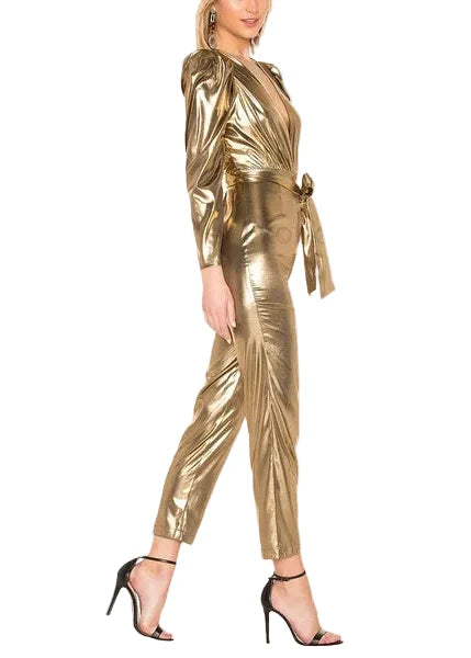 Metallic gold Christmas jumpsuit with ruffle long sleeves
