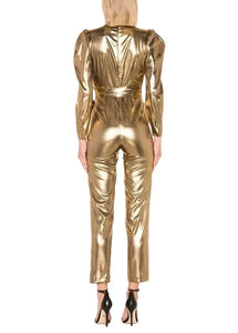 Metallic gold Christmas jumpsuit with ruffle long sleeves