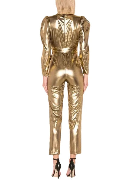 Gold jumpsuit with self-tie waist belt and straight leg