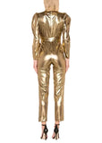 Gold jumpsuit with self-tie waist belt and straight leg