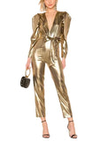 Gold jumpsuit with self-tie waist belt and straight leg