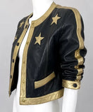 Vintage Golden Star Leather Jacket with round neckline