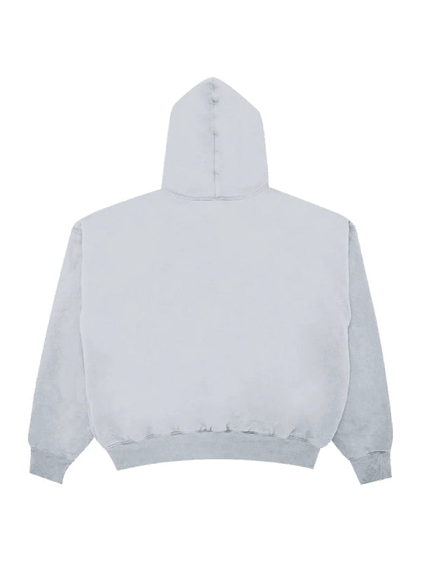 Plain grey oversized hoodie with dropped shoulders, a pullover hood, and ribbed cuffs and hem