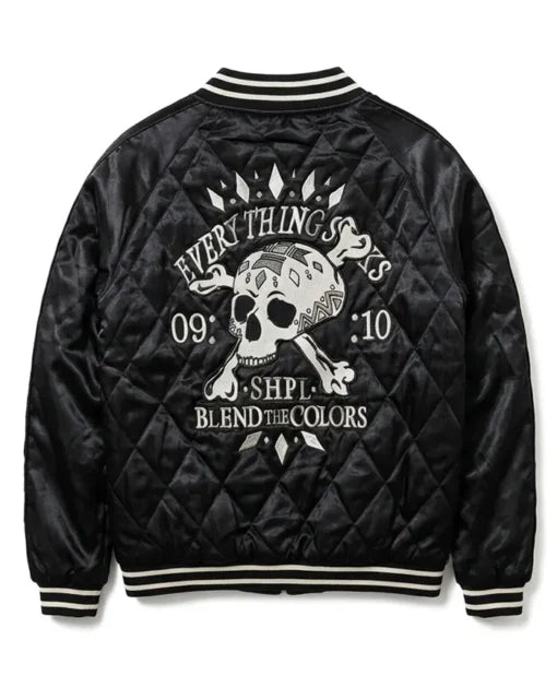 Unisex Skull and Crossbone Quilted Black Jacket with ribbed collar