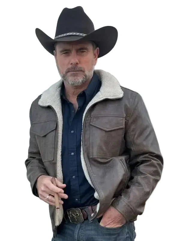 Charles Esten brown leather jacket with front zipper
