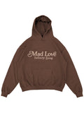 Brown Infinity Song Mad Love Anniversary hoodie with tan Mad Love script and Infinity Song text on the chest