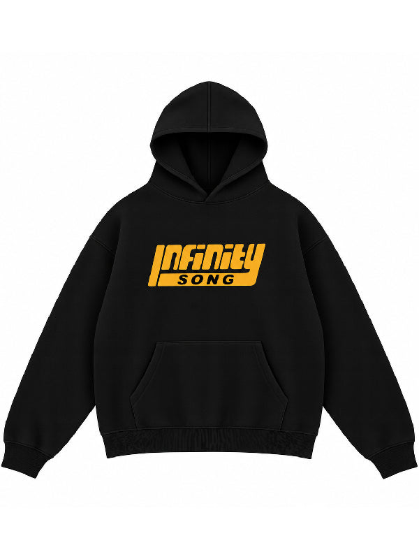 Black Infinity Song logo hoodie with a yellow Infinity Song logo on the chest and a front kangaroo pocket