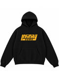 Black Infinity Song logo hoodie with a yellow Infinity Song logo on the chest and a front kangaroo pocket