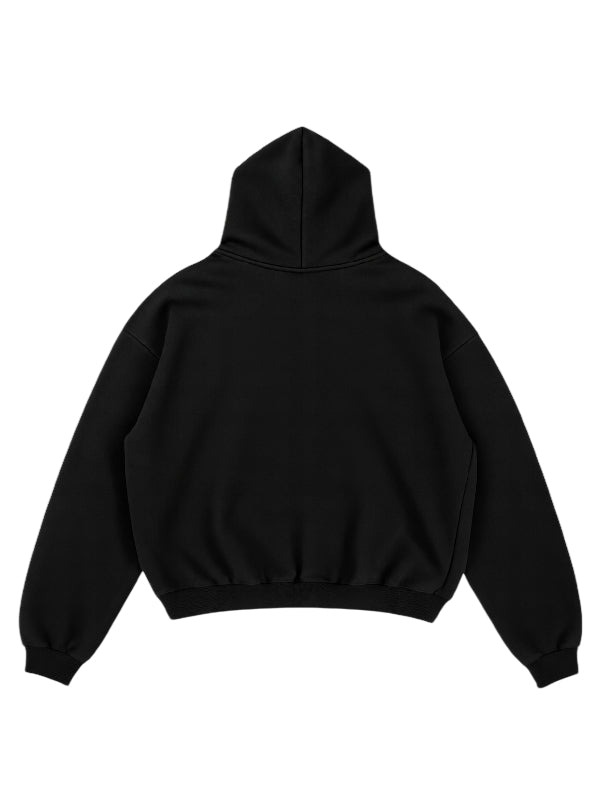 Plain black oversized hoodie with a dropped shoulder, ribbed cuffs, and a ribbed hem