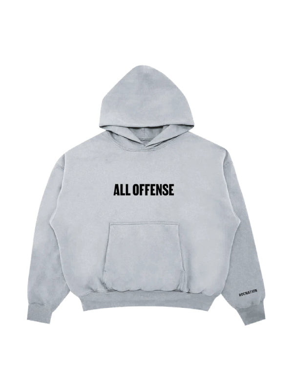 Grey JAY-Z All Offense hoodie with black ALL OFFENSE lettering on the chest, a front kangaroo pocket, and a ROCNATION print on the sleeve cuff