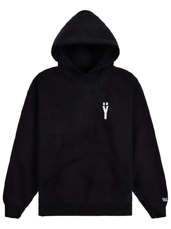 Black JAY-Z hoodie with a white Ÿ logo on the chest, a small sleeve cuff detail, and a front kangaroo pocket
