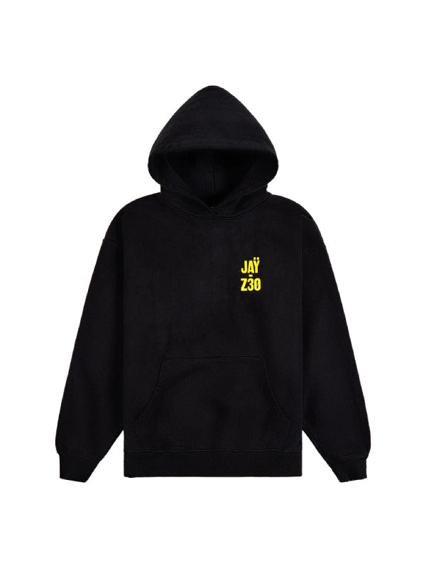 Black JAY-Z hoodie with a small yellow JAY-Z30 logo on the chest and a front kangaroo pocket