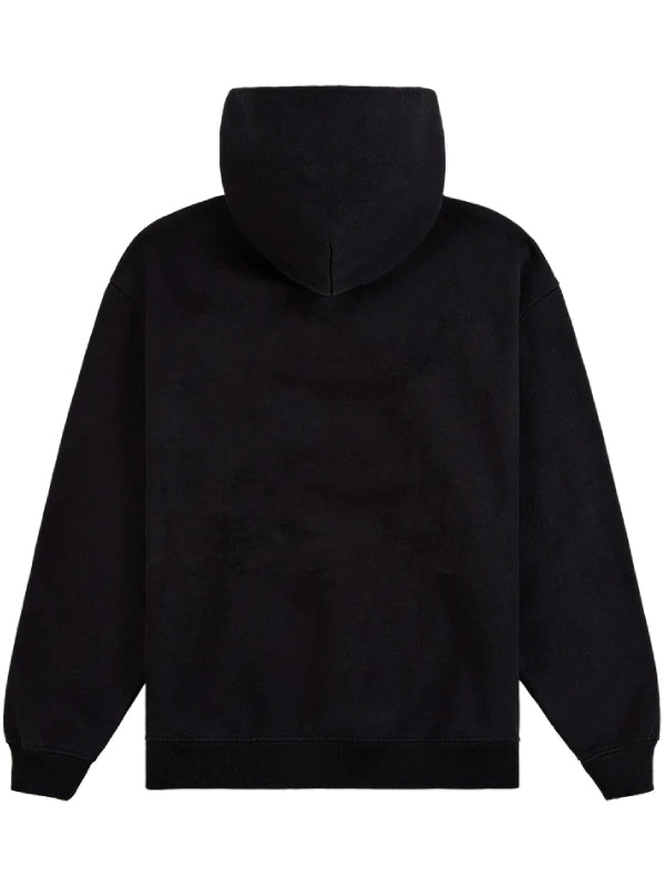 Plain black oversized hoodie with dropped shoulders, a pullover hood, and ribbed cuffs and hem