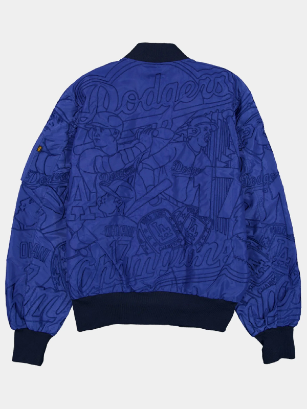Tonal stitched Dodgers Champions artwork on a royal blue nylon bomber jacket with navy rib-knit collar and hem