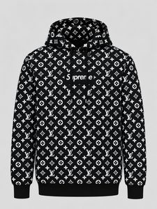 Back view of the brown monogram-pattern hoodie with an all-over repeating design.