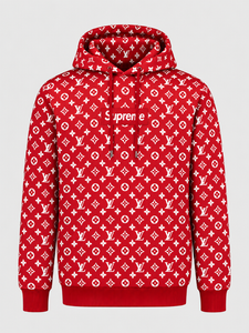 Red monogram-pattern pullover hoodie featuring a Supreme-style box logo on the front.