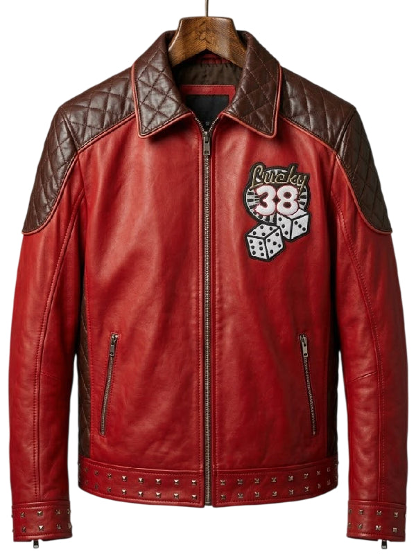 Red leather jacket with quilted collar, studded cuffs, zippered pockets and a Lucky 38 dice patch on the chest