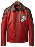 Red leather jacket with quilted collar, studded cuffs, zippered pockets and a Lucky 38 dice patch on the chest