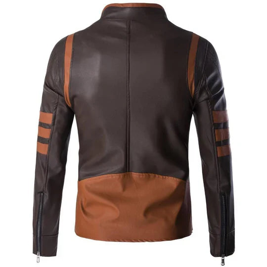 Wolverine Brown Pure Sheepskin Retro Strips Moto Leather Jacket For Men