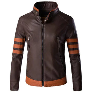 Wolverine Brown Pure Sheepskin Retro Strips Moto Leather Jacket For Men
