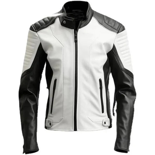 Striking Black White Genuine Sheepskin Biker Leather Jacket for Men