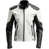 Striking Black White Genuine Sheepskin Biker Leather Jacket for Men