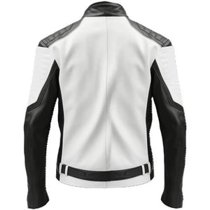 Striking Black White Genuine Sheepskin Biker Leather Jacket for Men