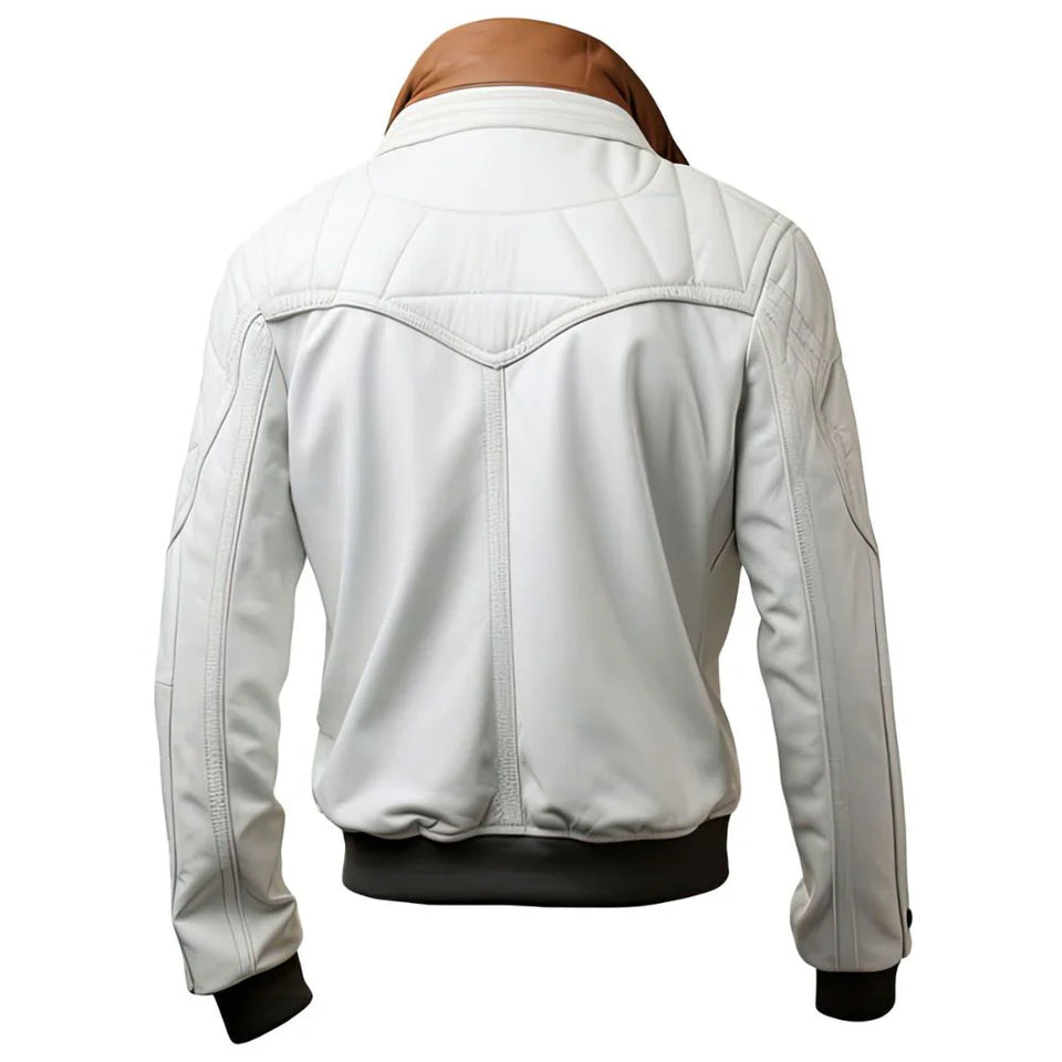 White Slim-Fit Motorcycle Genuine Sheepskin Leather Jacket for Men